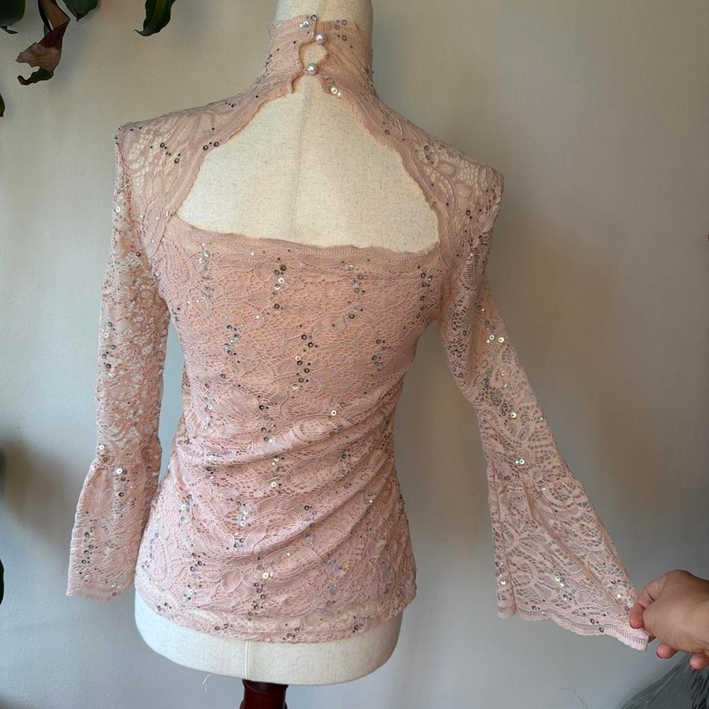 Venus Pink Lace Sequin Fairycore Mock Neck Bell Sleeve Top Size 4 Small - Picture 4 of 7